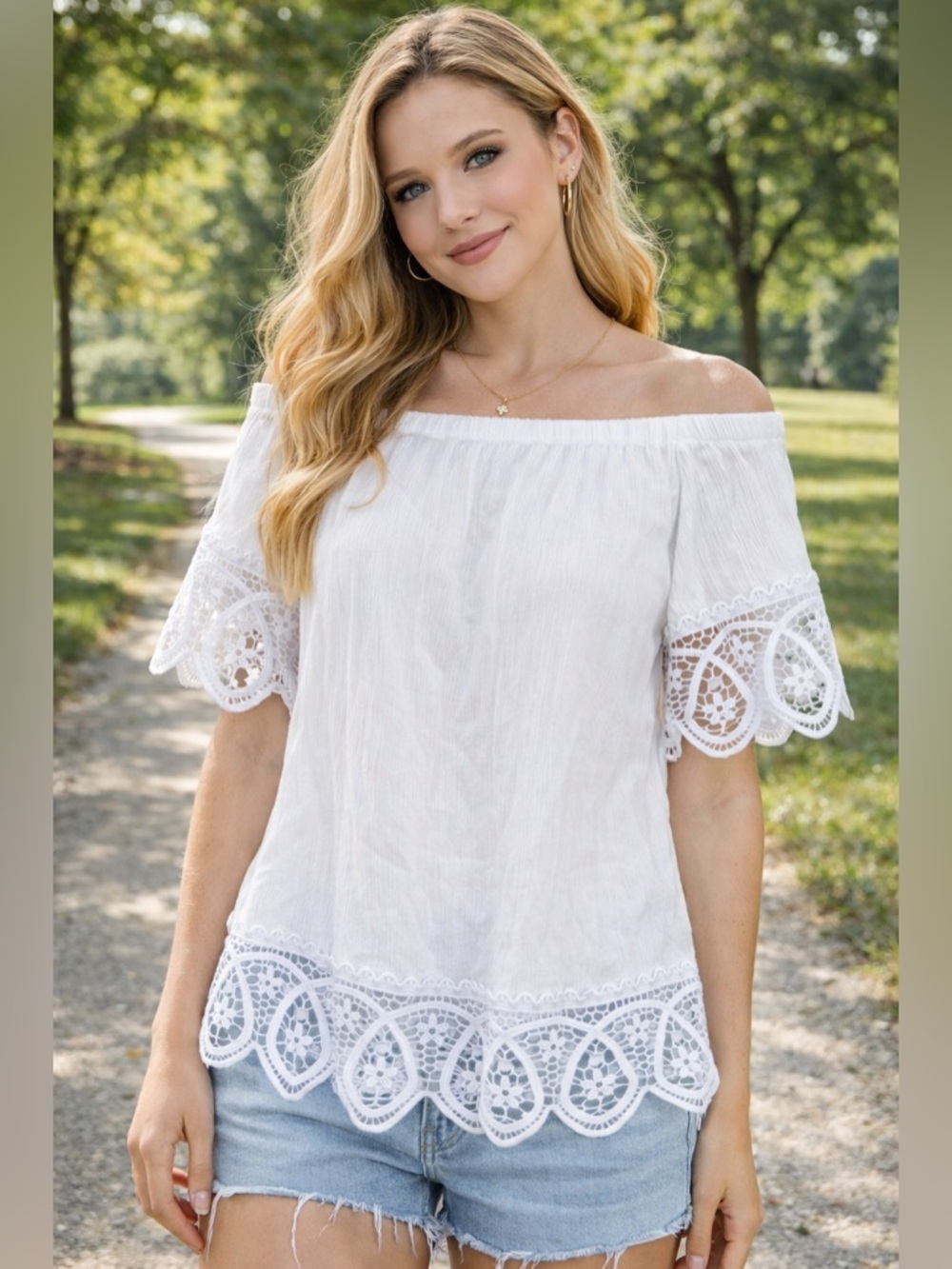 Suzy Shier White Off Shoulder Top Medium lace details Fairy Peasant Cottagecore
